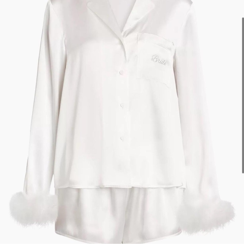 In Bloom White Satin Pajama Set with Feather Trim